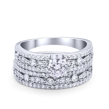 Bridal Set Wedding Ring Band Round Simulated Cubic Zirconia 925 Sterling Silver